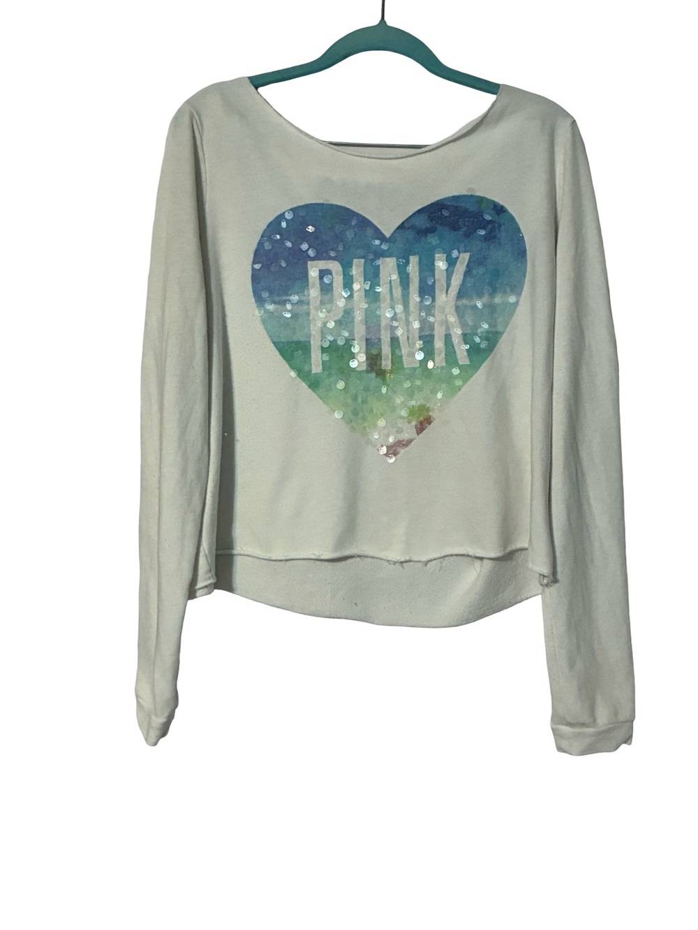 ✨Victoria's Secret PINK✨ sequin Beach Heart Off the Shoulder Sweatshirt size L
